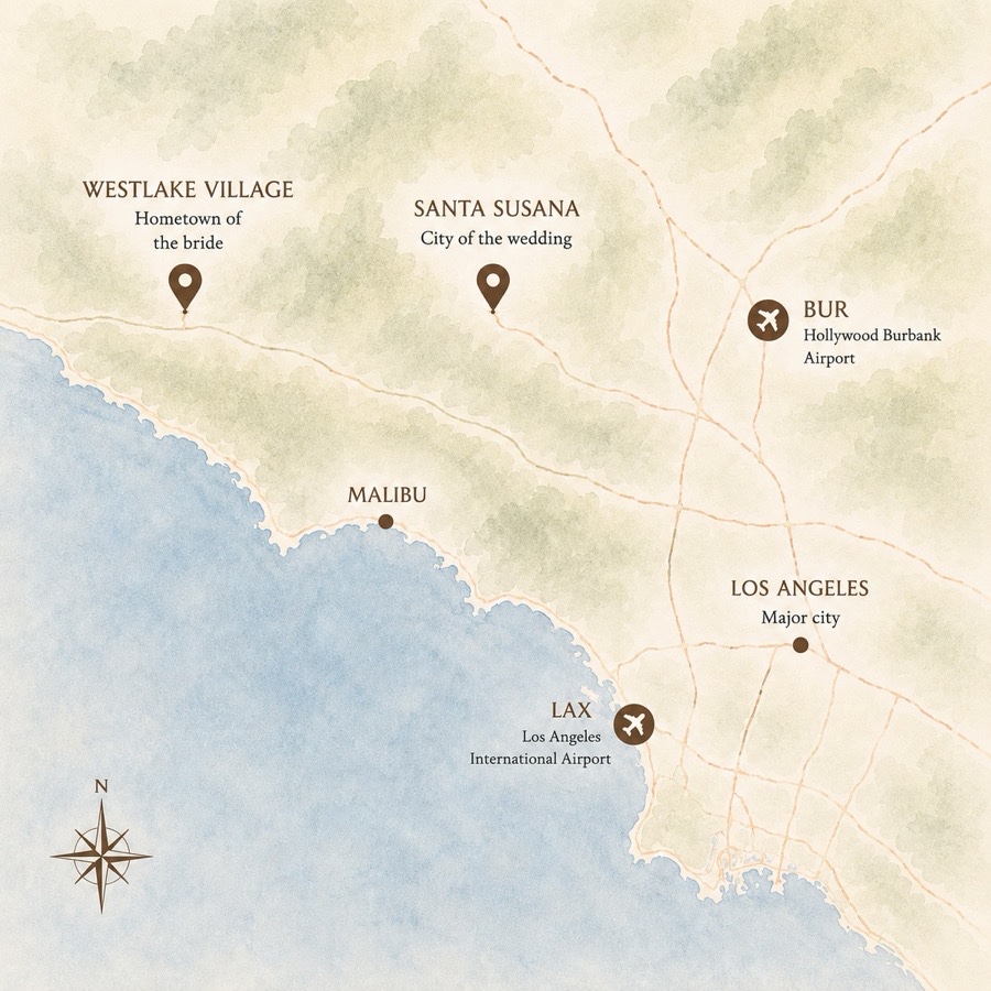 Map of Southern California showing Westlake Village, the hometown of the bride; Santa Susana, the city of the wedding; Hollywood Burbank Airport (BUR); Los Angeles; and Los Angeles International Airport (LAX).